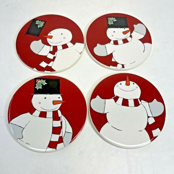 Kohls Christmas Snowmen Yuletide Set of 4 Beverage Drink Coaster - Picture 2 of 8